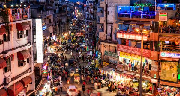 Main Bazar, Paharganj known for its concentration of hotels, lodges, restaurants, dhabas and a wide variety of shops catering to both domestic travellers and foreign tourists, especially backpackers a